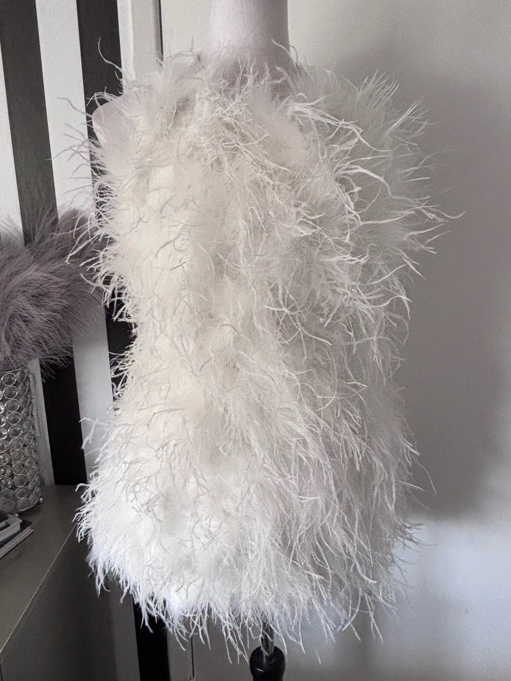 White Ostrich Feather Backless Halter Dress